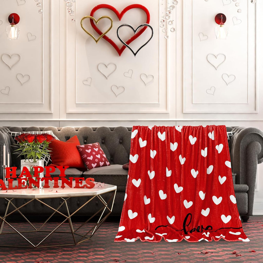 Valentine Fuzzy Blanket Love Heart Throw Blanket Red Cozy Flannel Blanket for Home Bed Sofa Couch Chair, 50 X 60 Inch