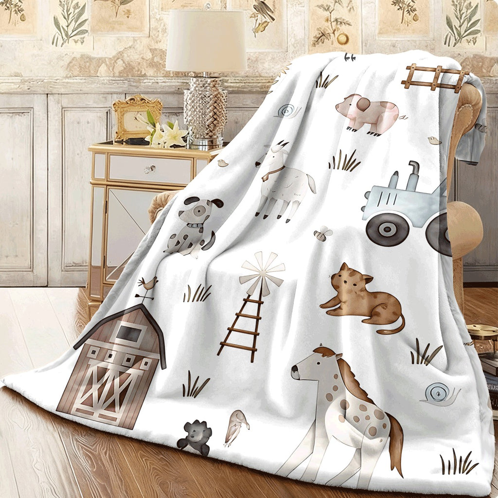 1pc Cute Farm Animal & Vehicle Pattern Flannel Blanket Soft Throw with Tractor Barn Chickens Goats & Sunflowers Cozy All-Season Blanket for Room Room Decor Lightweight Plush