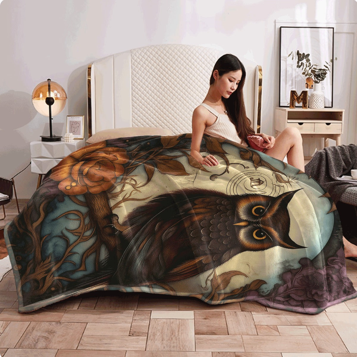 1pc Retro Owl Thin Blanket Lightweight Flannel Throw for Sofa Travel Camping Livingroom Office Couch Chair And Digital Printing Fleece Blanket with Soft And Warm Flannel Fabric