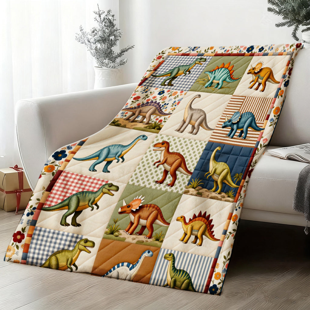 This Digital Print Flannel Blanket Features a Retro Floral Border And Various Dinosaurs Like T-Rex, Stegosaurus, And Triceratops. It's Soft, Warm, And Comfortable, Making It Perfect for Use in The Bedroom, Living Room