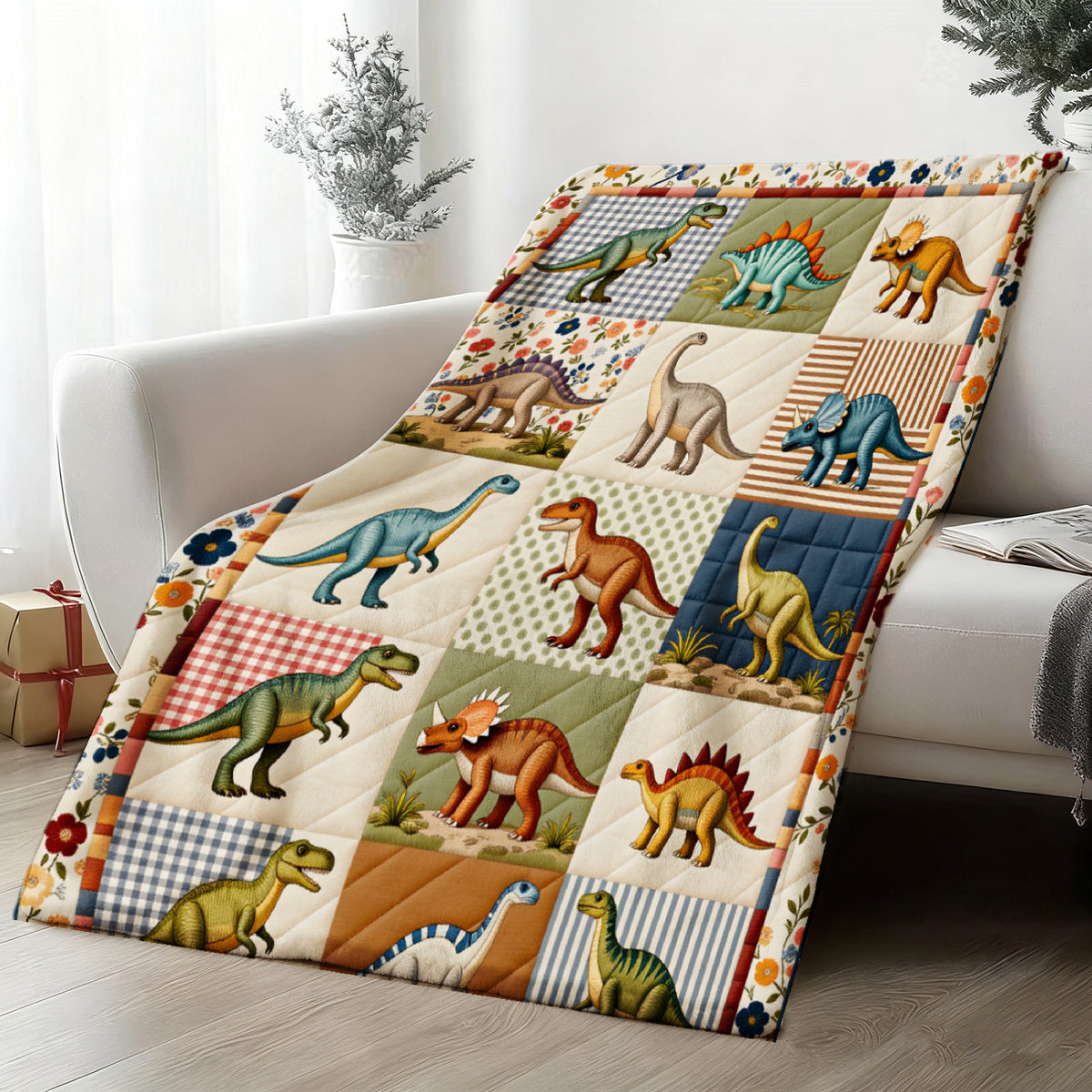 This Digital Print Flannel Blanket Features a Retro Floral Border And Various Dinosaurs Like T-Rex, Stegosaurus, And Triceratops. It's Soft, Warm, And Comfortable, Making It Perfect for Use in The Bedroom, Living Room