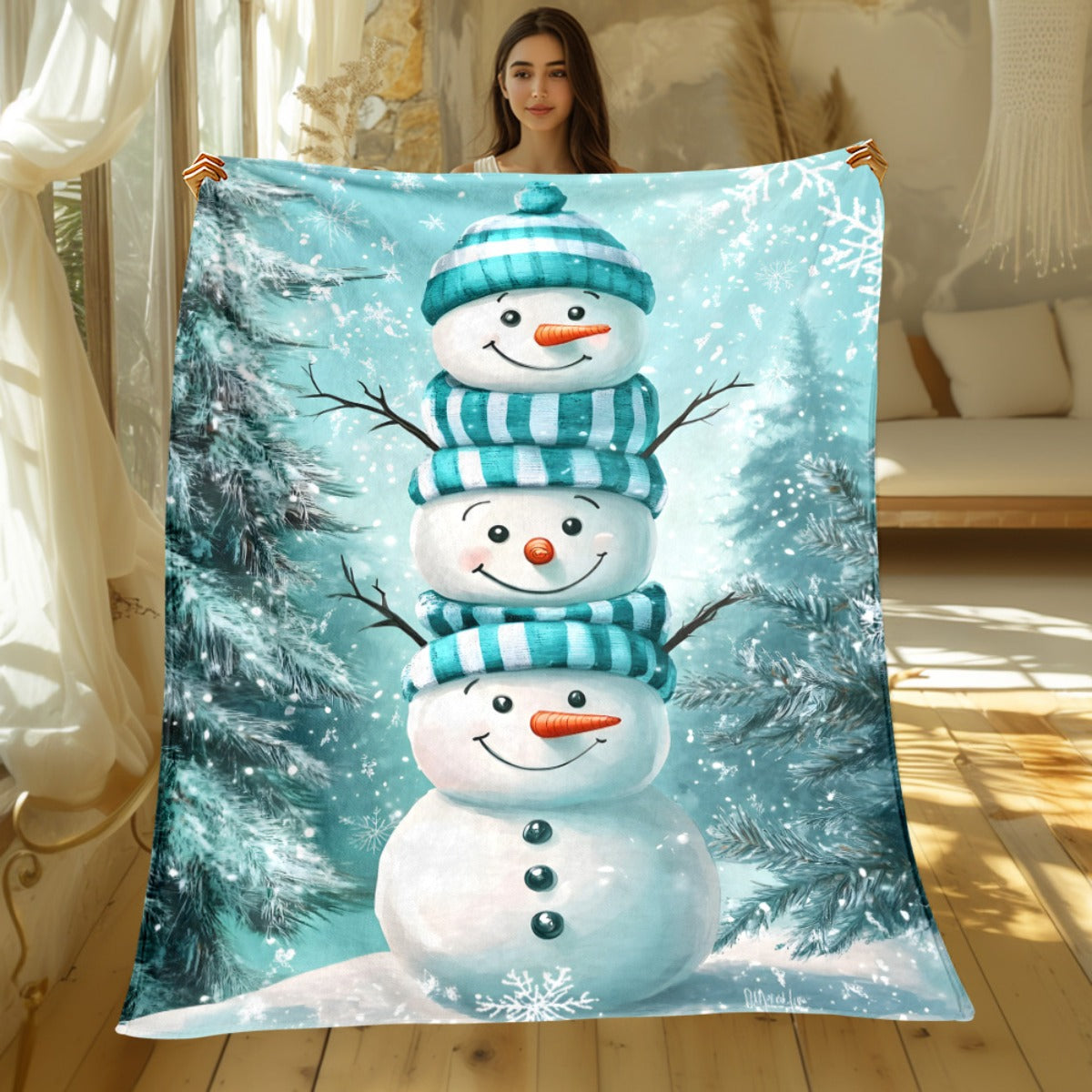 1pc Snowman and Pine Branch Blue Themed Flannel Large Blanket, Christmas Winter Decorative Design, Large Plush Throw Blanket, Suitable for Holiday Home Decor, Reading Time, and Bedroom Bed Use