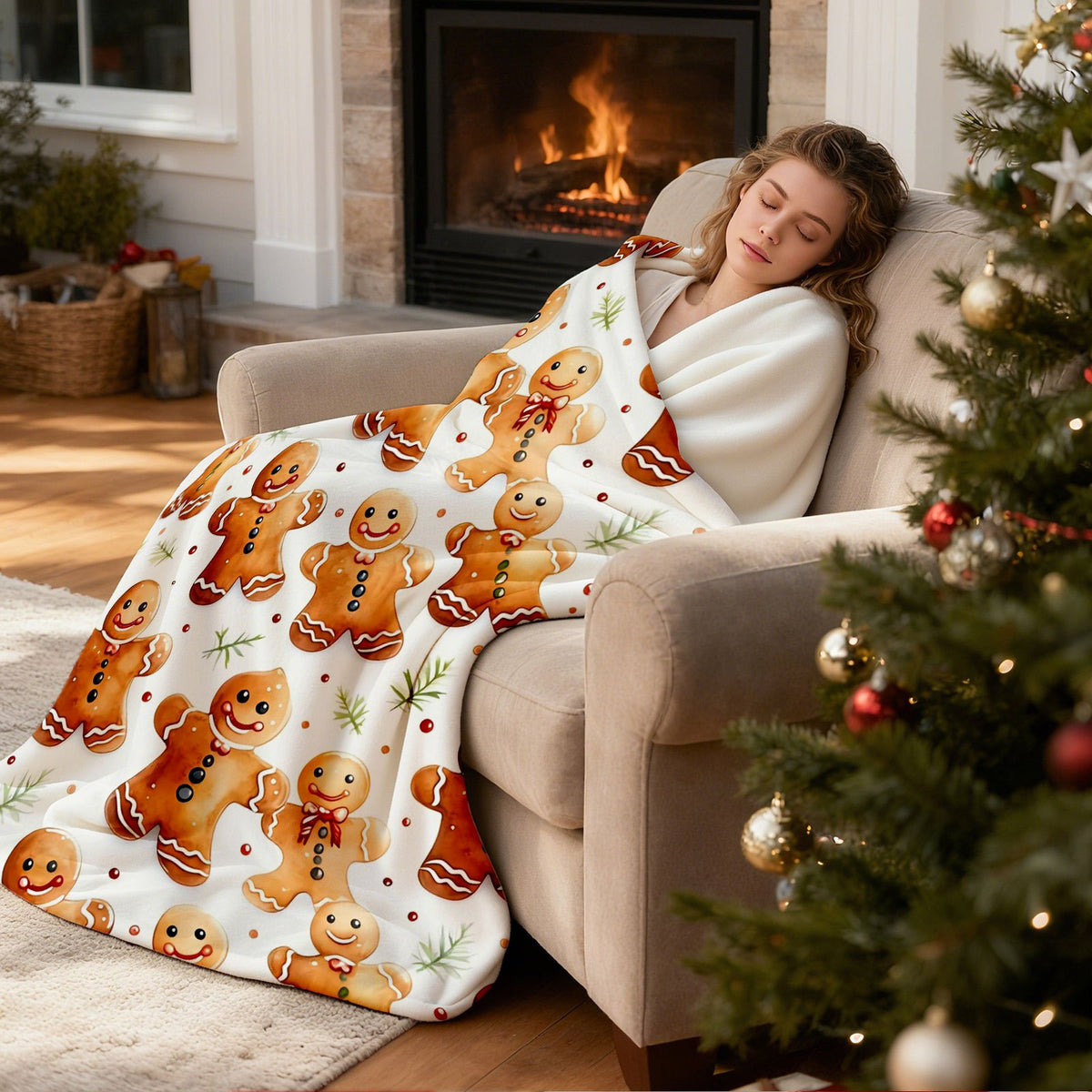 1pc Gingerbread Man And Christmas Pine Branch Theme White Blanket, Winter Holiday Design, Large Plush Throw Blanket, Suitable for Living Room Sofa Cover, Weekend Sofa Nap, Seasonal Home Use