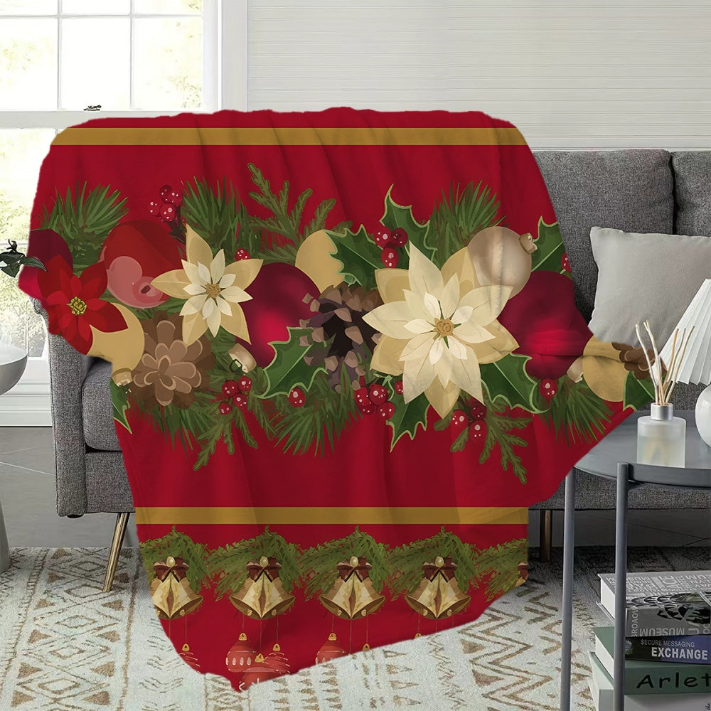 1 Christmas Floral and Bell Pattern Flannel Blanket, Soft, Comfortable, and Warm, with a Red Festive Design. A Four-season Universal Sofa Throw and Warm Cover Blanket, Available in Multiple Sizes. Suitable for Living Room Sofas, Bedroom