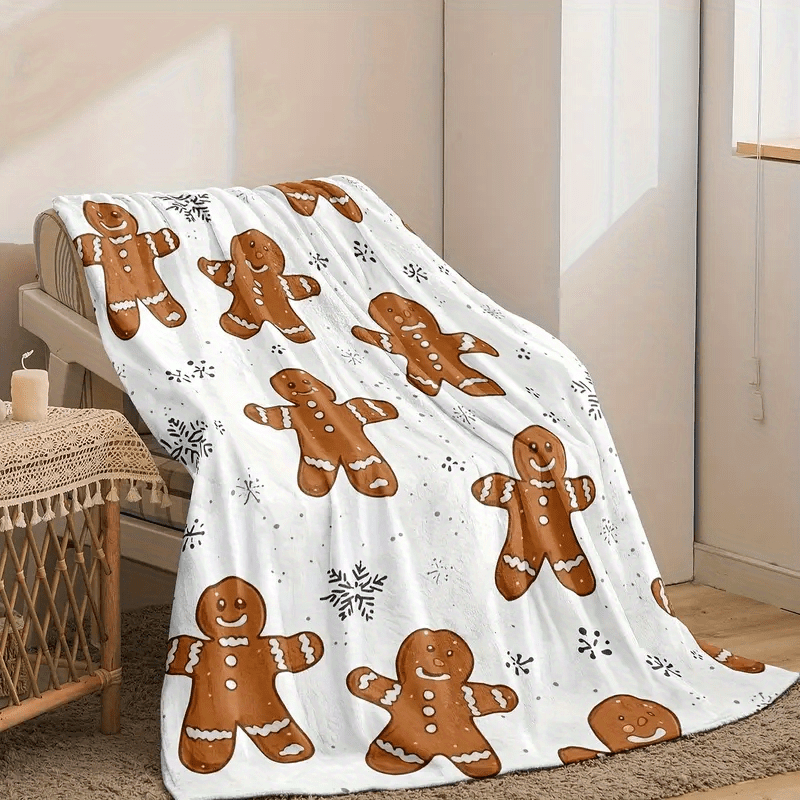 1 Comfortable Flannel Christmas Blanket - White with Holiday Gingerbread Man And Snowflake Pattern, Four Seasons Sofa, Home Decor, Machine Washable, Christmas Shawl, Snowflake Print, Durable Material, Winter Comfort Choice