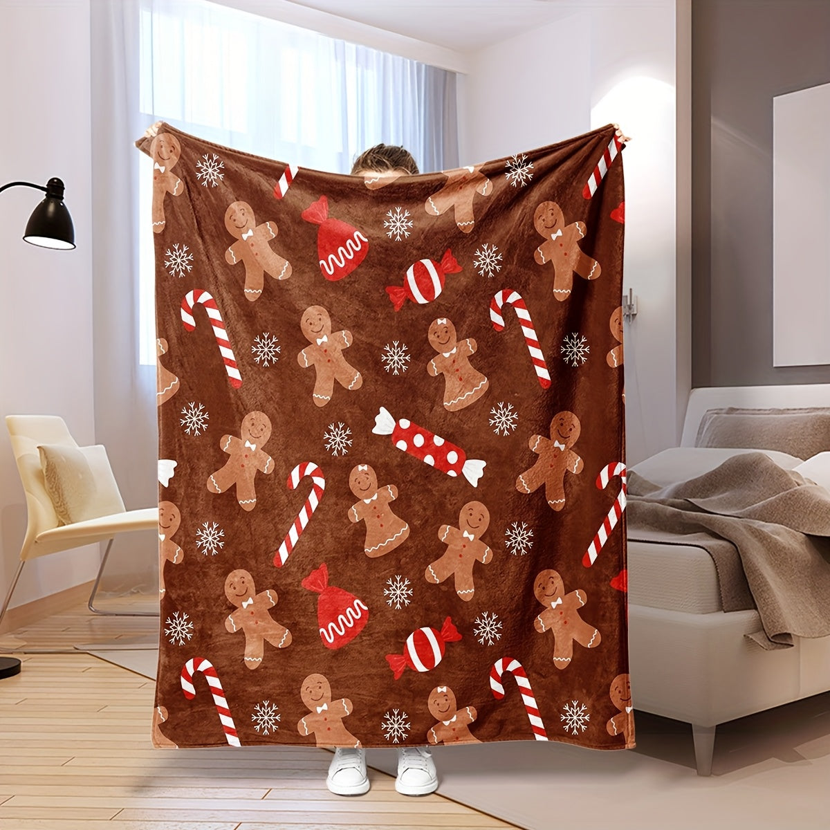 -1pc Winter Christmas Atmosphere Gingerbread Man Blanket, Red Flannel Blanket with Candy Cane Pattern, Color Digital Print, Machine Washable, Thickened Soft Thermal Blanket, Air-Conditioned Room Blanket, Home And Office Thermal Nap Blanket