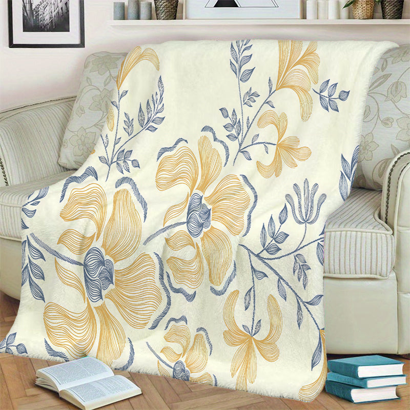 1pc Yellow and Blue Floral Pattern Blanket, Modern Minimalist Style Design, Soft Plush Surface, Lightweight and Durable Flannel Material, Multiple Sizes Available, Perfect for Holiday Gifting, Living Room Lounging, Bedroom Sleeping, Study Reading