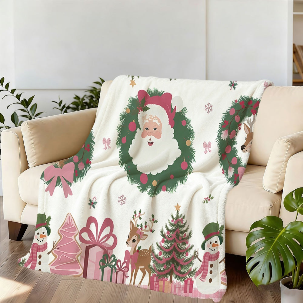 1pc Santa Claus And Reindeer Wreath Pattern Flannel Blanket, Soft Comfortable Warm, Pink And Green Design, All-Season Blanket, Warm Cover, Multiple Sizes Available, Suitable for Living Room Sofa, Bedroom, Reading Corner, Holiday Decor