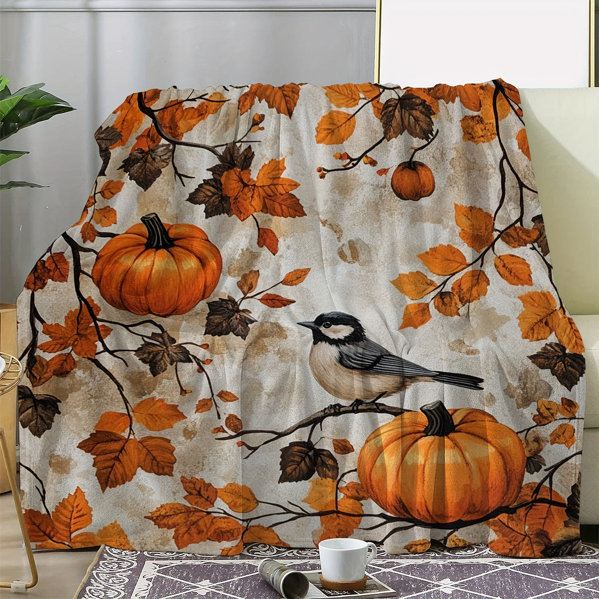 1pc Autumn Pumpkin and Bird Pattern Flannel Blanket, Soft, Comfortable, and Warm, Beige and Orange-Brown Design, Durable Plush Surface, All-Season Universal Bed Blanket, Warm Throw Blanket, Suitable for Living Room Sofa, Bedroom Headboard