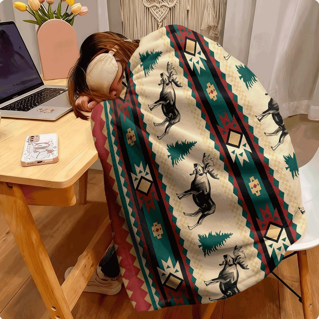 1pc Bohemian-Style Throw Blanket Featuring Moose And Pine Forest Designs, Made from Soft And Warm Flannel with Geometric Patterns. It'S Perfect for Use on a Sofa, in The Office, Or for Napping, Making It an Excellent Gift for Friends And Family