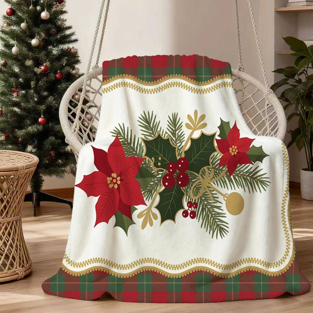 1pc Christmas Floral And Holly Leaf Theme Flannel Blanket, Soft Comfortable Warm, Red Green Golden Design, All-Season Blanket, Warm Cover, Multiple Sizes Available, Suitable for Living Room Sofa, Bedroom, Reading Corner, Leisure Time