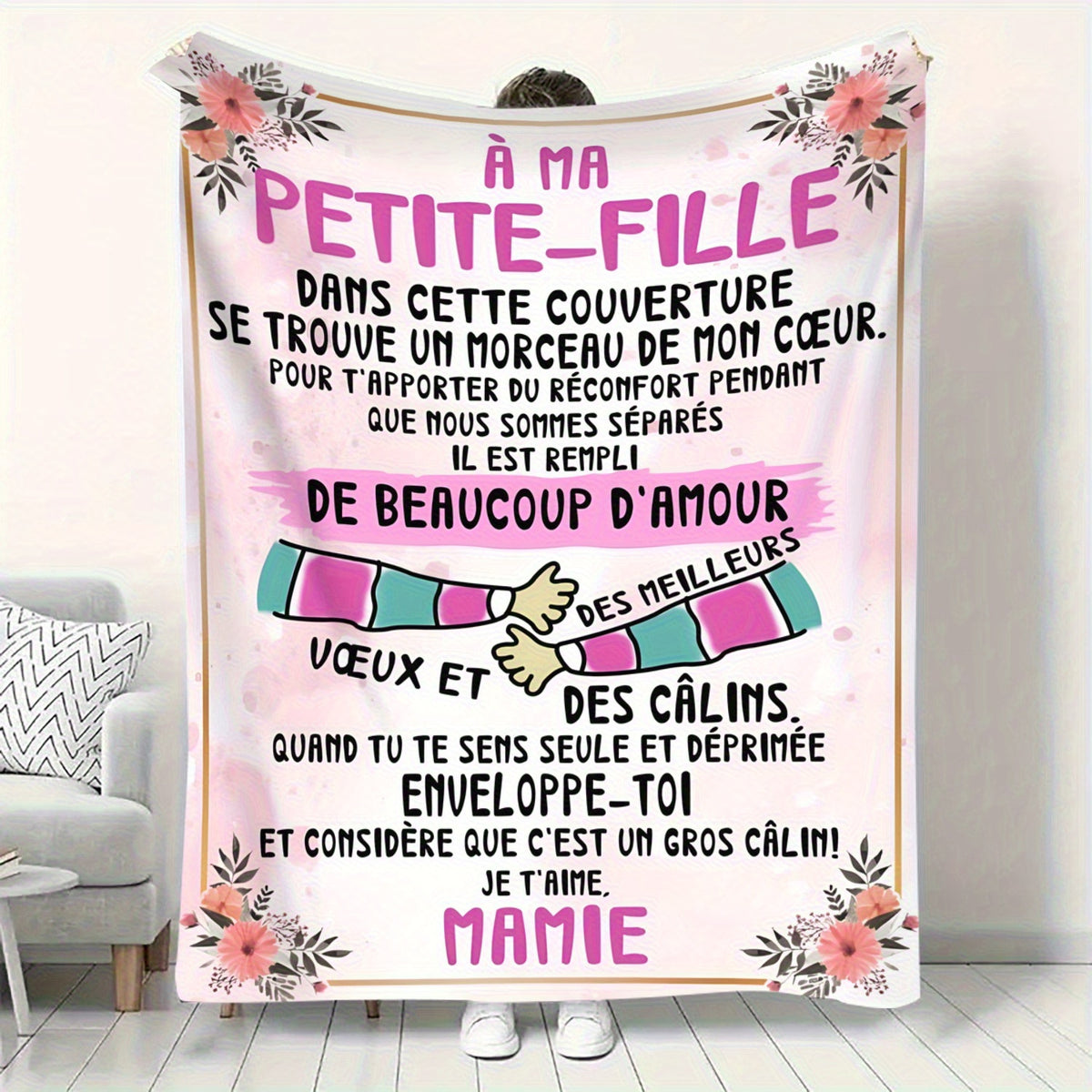 French Granddaughter Gift Blanket - Soft Flannel Shawl, Bilingual "My Little Daughter" Love Blessing, Light Color Floral Pattern, All Season Comfortable Sofa, Blanket, Modern Floral Design, Cute Blanket