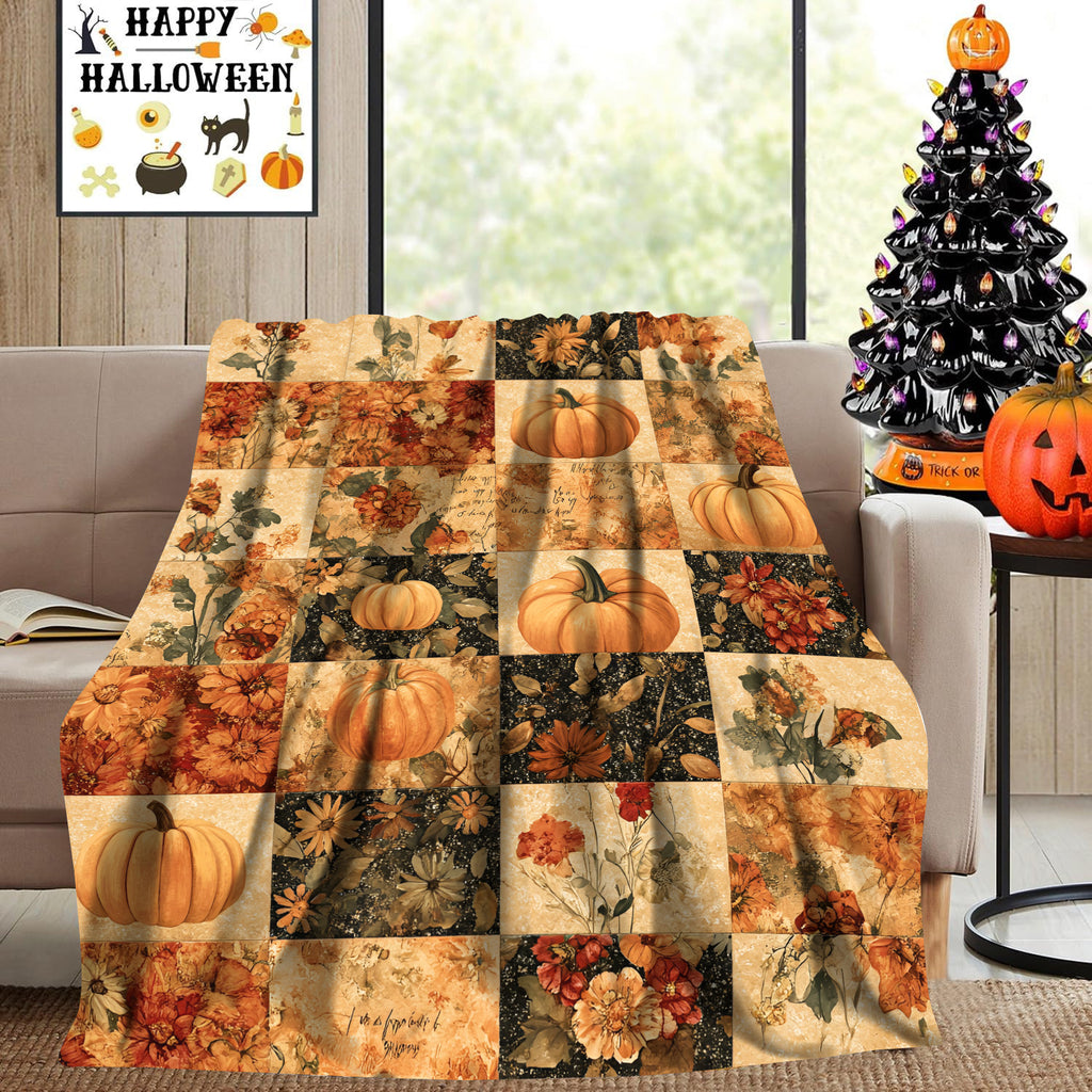 Halloween Pumpkin and Floral Patchwork Design Flannel Blanket, Soft, Comfortable, and Warm, Autumn Vintage Style, Durable Plush Surface, All-Season Bed Blanket, Warm Throw Blanket, Multiple Sizes Available, Suitable for Living Room, Bedroom