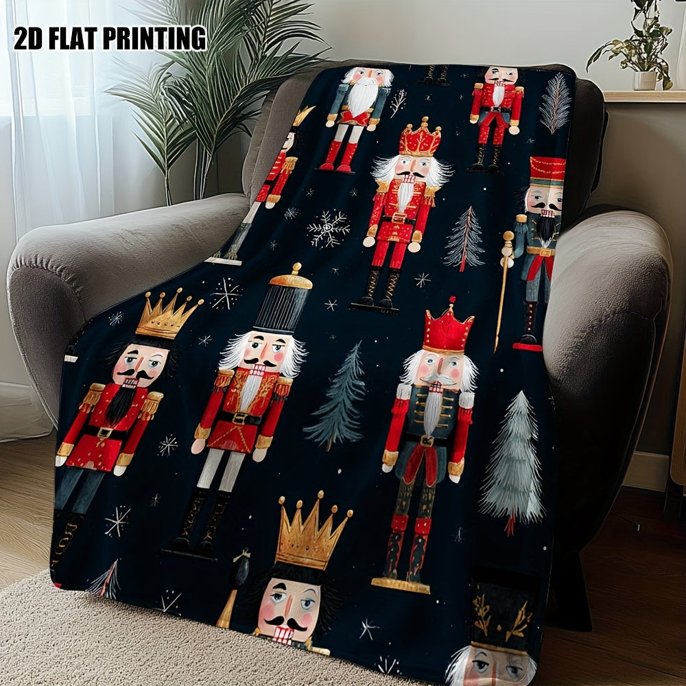 1pc 2D Flat Printed Christmas Double-sided Universal Blanket, Nutcracker Christmas Soldier, 100% Polyester Fabric Teachers' Day Gift, Suitable for a Wide Range of Scenarios, Very Suitable for Sofas, Naps, Air-conditioned Rooms, Camping, 2D Flat