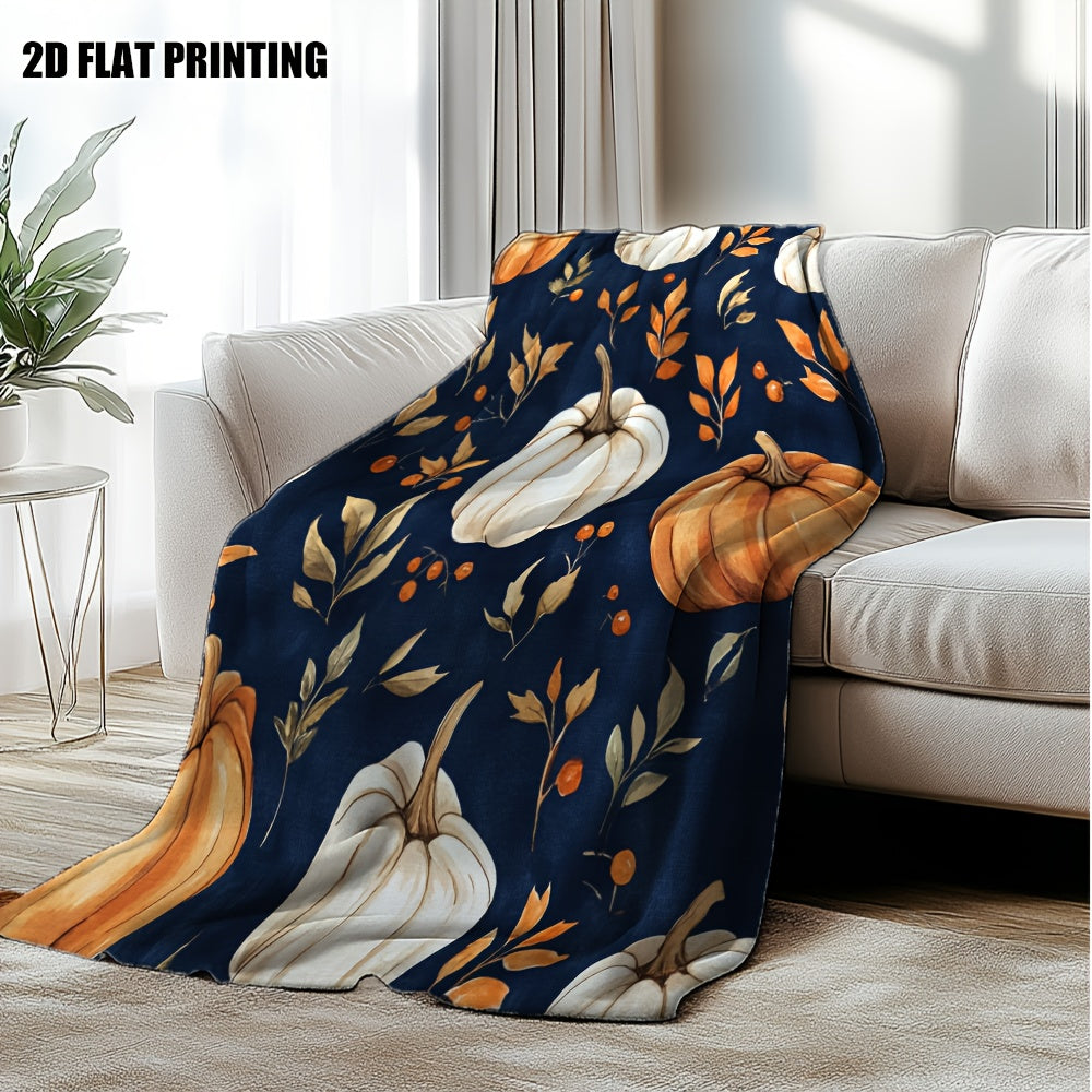 1pc Autumn Pumpkin And Fall Leaf Theme Flannel Blanket, Soft Comfortable Warm, Dark Blue Base Design, Durable Plush Surface, All-Season Bed Blanket, Warm Cover, Multiple Sizes Available, Suitable for Living Room Sofa, Bedroom Bedding