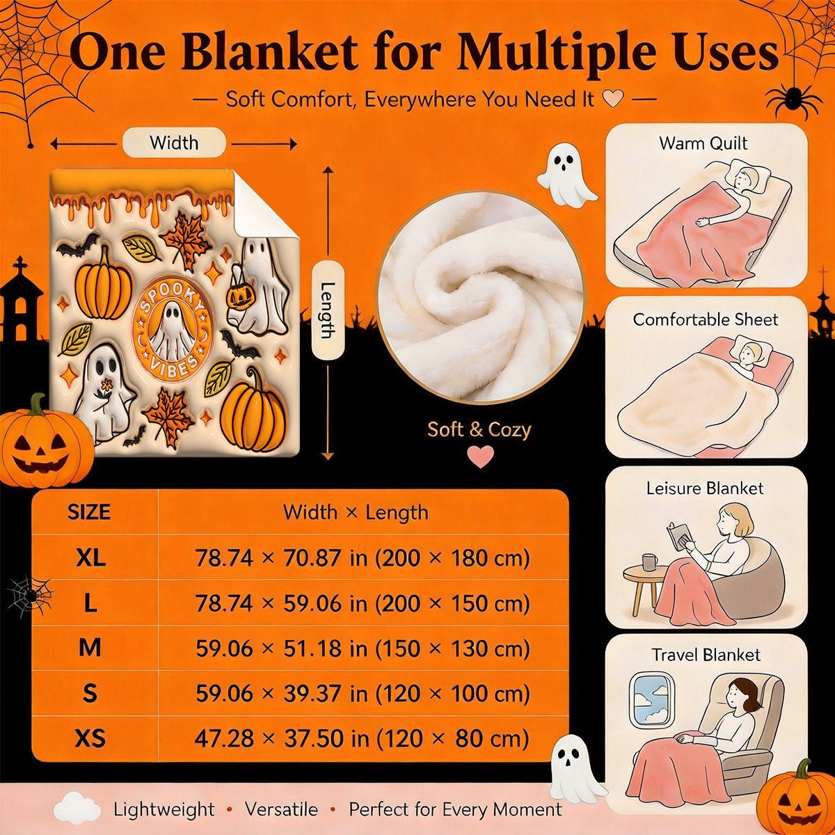 1pc 3D Embossed Ghost Pumpkin Maple Leaf Halloween Theme Flannel Blanket - Large Size, Soft, Lightweight, And Warm, Suitable for All Seasons - Perfect for Bed, Sofa, Office, Camping, And Travel - Ideal Choice for Blankets, Perfect Gift for Family