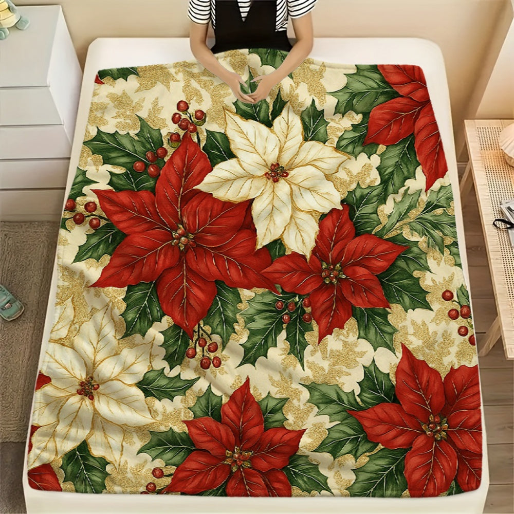 1pc Christmas Red White Golden Border Floral Pattern Flannel Blanket, Christmas Winter Body Blanket, Soft Plush All-Season Use, Suitable for Reading Time, Weekend Sofa Naps, And Dorm Life
