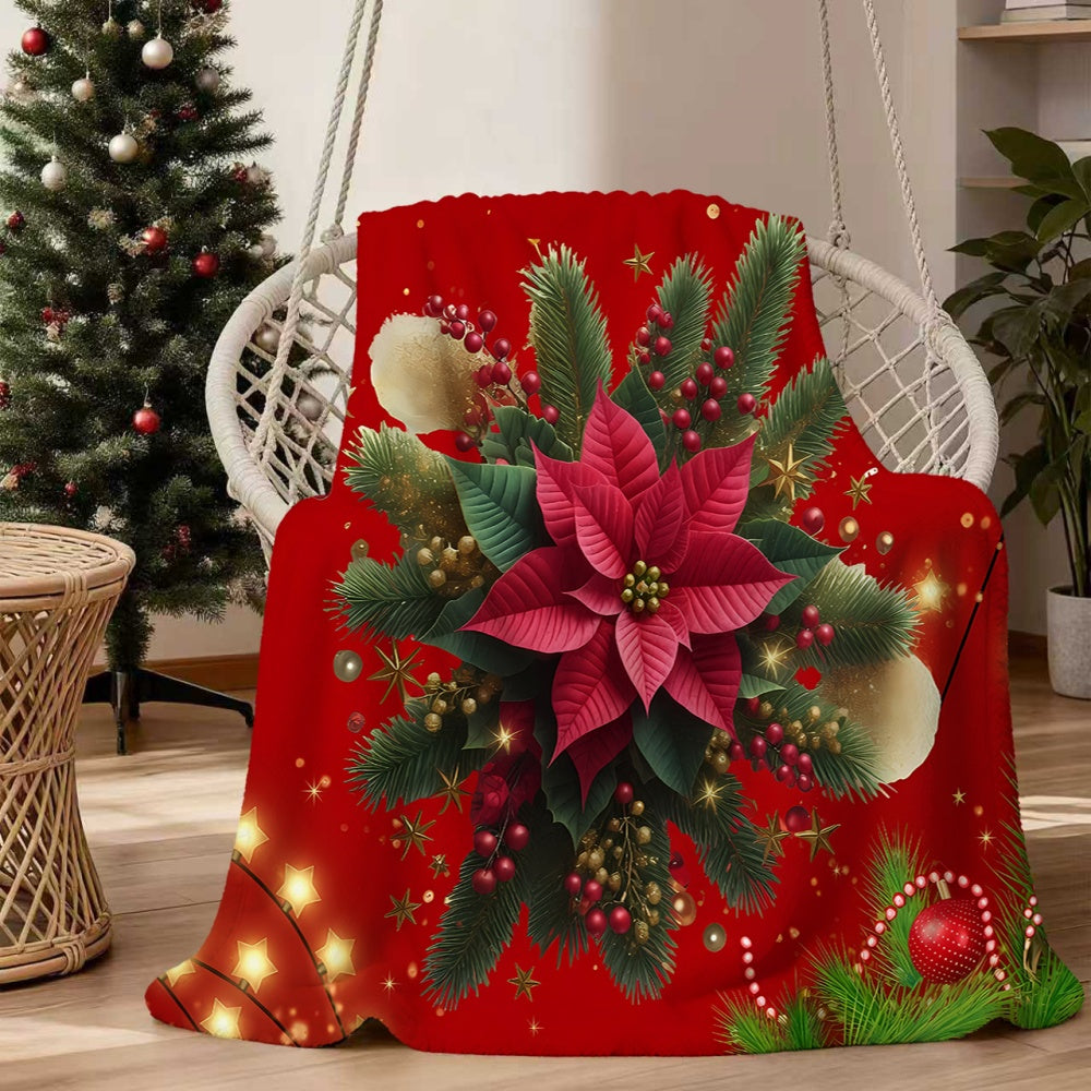 1pc Christmas Floral-themed Red Flannel Blanket, Soft, Comfortable, and Warm, with a Festive Design. A Versatile All-season Throw or Warm Cover Blanket, Available in Multiple Sizes. Suitable for Living Room Sofas, Bedroom, Leisure Reading