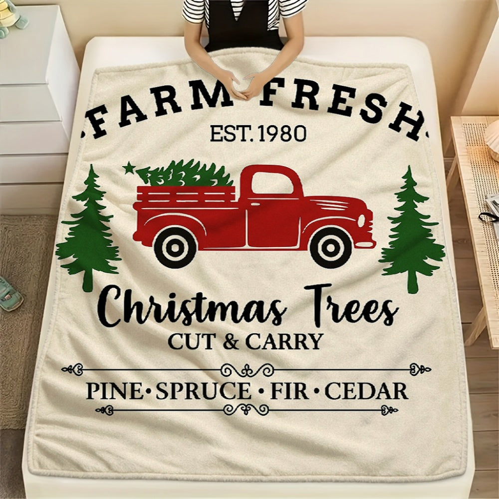 1pc Christmas Red Truck Carrying a Tree Pattern Cream Beige Flannel Blanket, Christmas Winter Body Blanket, Soft Plush for All Seasons, Suitable for Reading Time, Weekend Sofa Naps, and Office Naps