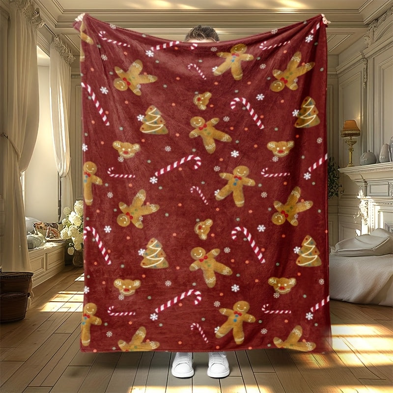 1pc Christmas Gingerbread Man And Candy Cane Red Background Flannel Blanket, Soft Comfortable Warm, Red Festive Design, Durable Plush, All-Season Bed Blanket, Warm Cover, Multiple Sizes Available, Suitable for Living Room Sofa, Bedroom Bed