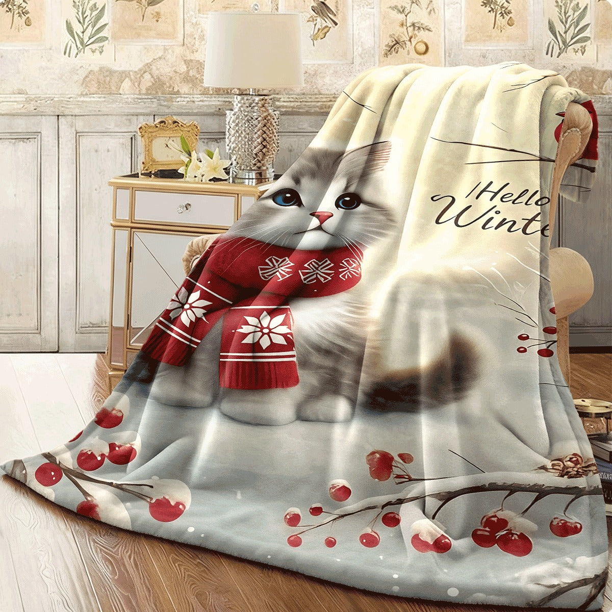 1pc Christmas Flannel Blanket Hello Winter Cat and Cardinal Design Soft Warm Cozy Sofa Office Throw Blanket Nap Blanket Halloween Christmas Gift