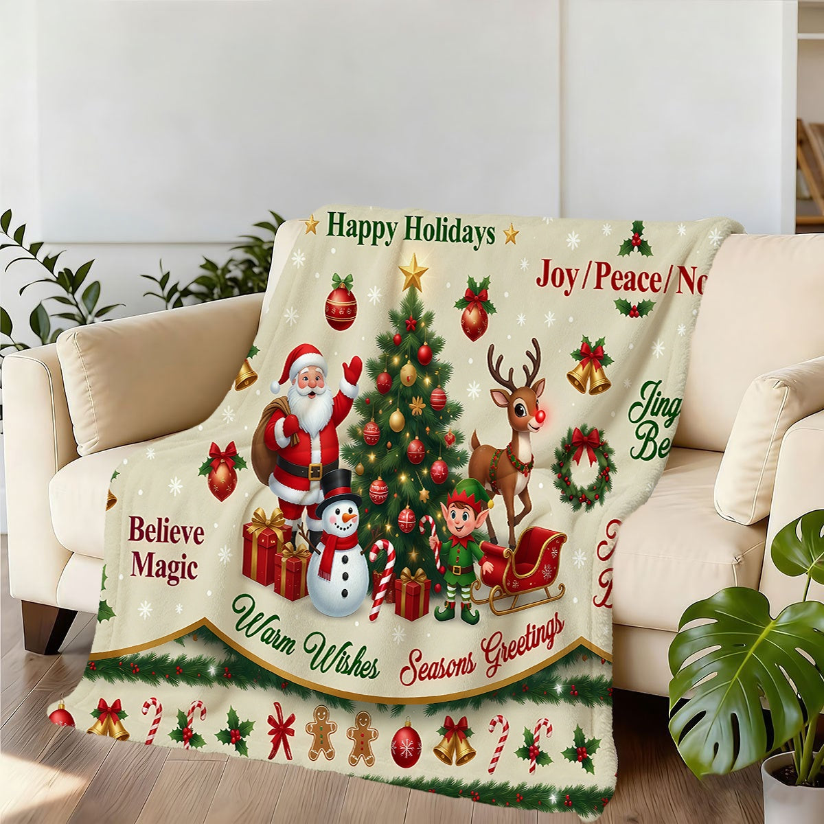 1pc, Santa Claus and Reindeer Themed Flannel Blanket, Soft, Comfortable, and Warm, Beige Holiday Design, Durable Plush Surface, All-Season Universal Sofa Blanket, Warm Throw Blanket, Multiple Sizes Available, Suitable for Living Room Sofas