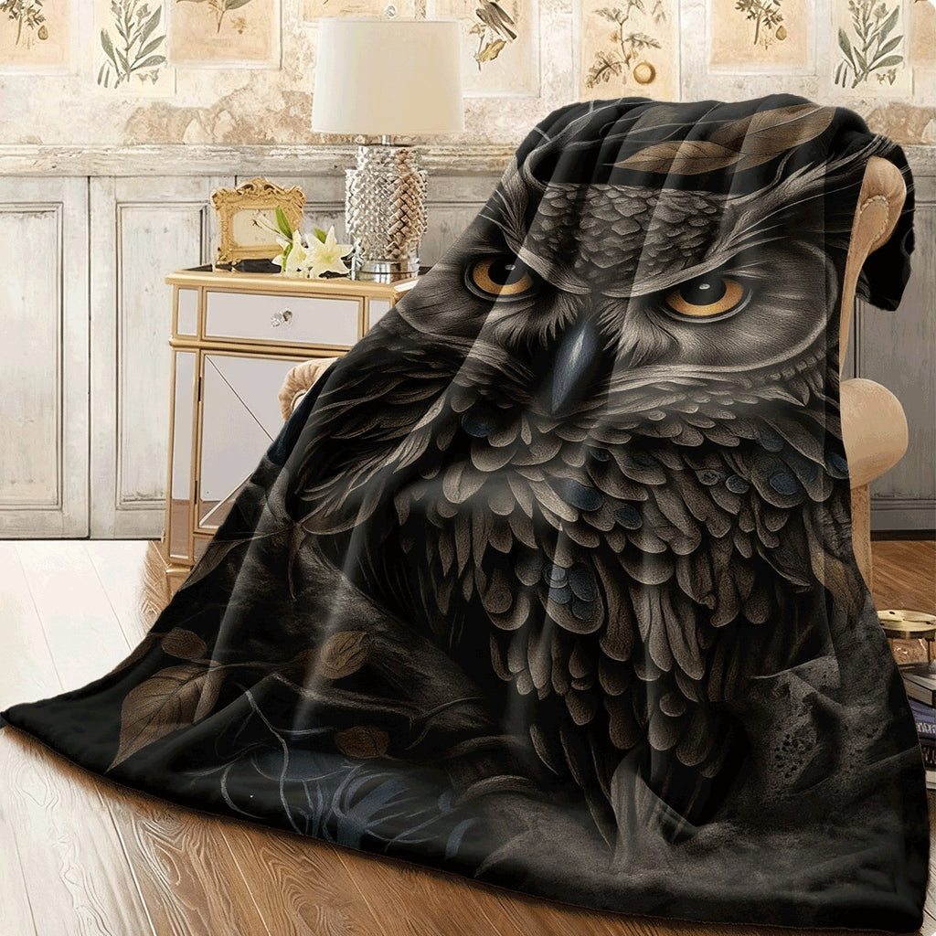 1pc Cozy Flannel Throw Blanket with Mysterious Owl & Dark Tree Branch Design Soft Warm Fabric for Sofa All-Season Mystic Wildlife Themed Room Decor