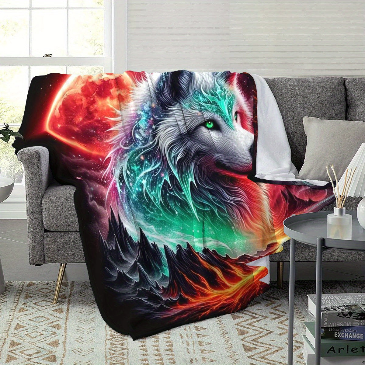 1pc 2D Flat Print Starry Sky Wolf Head Themed Blanket, Soft Flannel Blanket¡ªblack, Red, and Green Gradient Design, Multiple Sizes Available, Suitable for Living Room, Bedroom, Sofa,, and Reading, 2D Flat