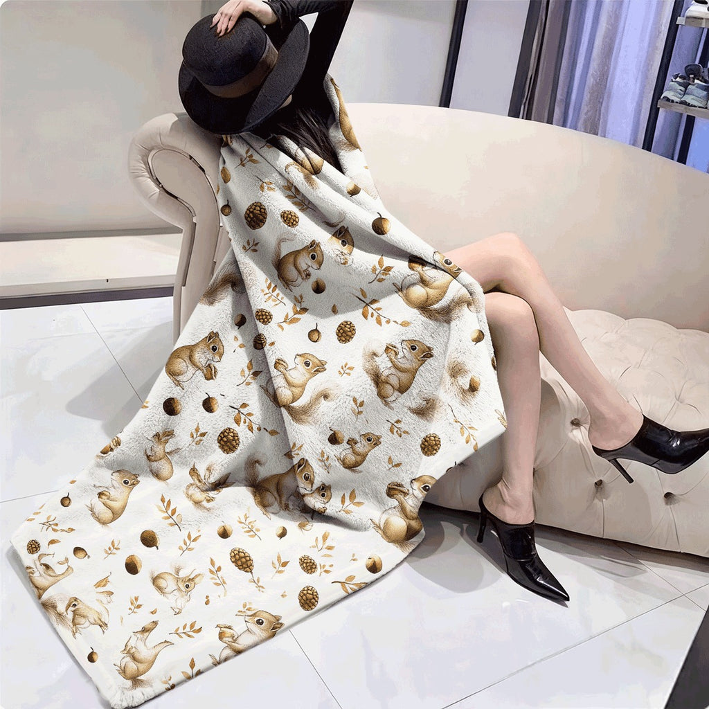 1pc Cozy Flannel Blanket with Cute Squirrel And Autumn Elements Print Soft Warm Throw for Sofa All-Season Lightweight Plush Fabric