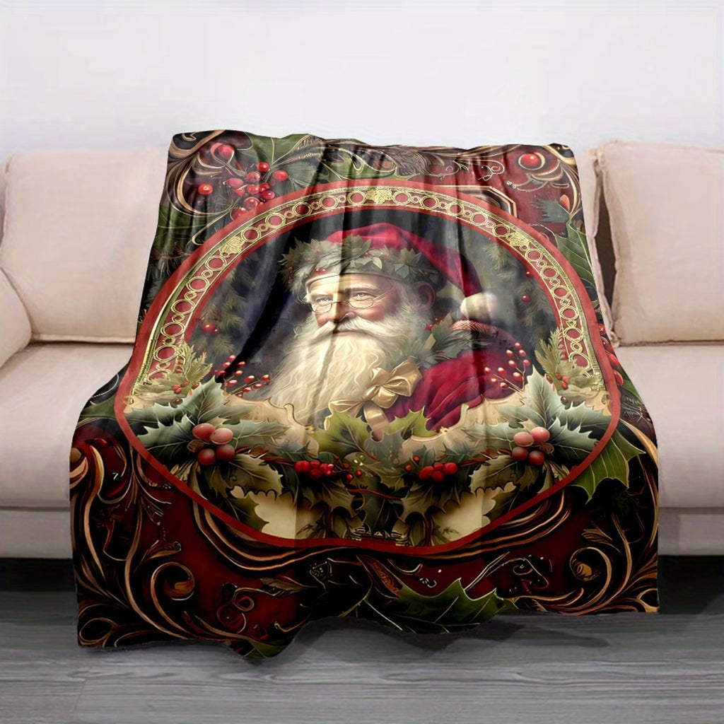 1pc 2D Flat Printing, Santa Claus And Holly Wreath Pattern Blanket, Soft Fleece Blanket, Red And Green Decorative Style Design, All-Season Warm Cover, Multiple Sizes Available, Suitable for Living Room, Bedroom, Camping, Sofa, And Bedside