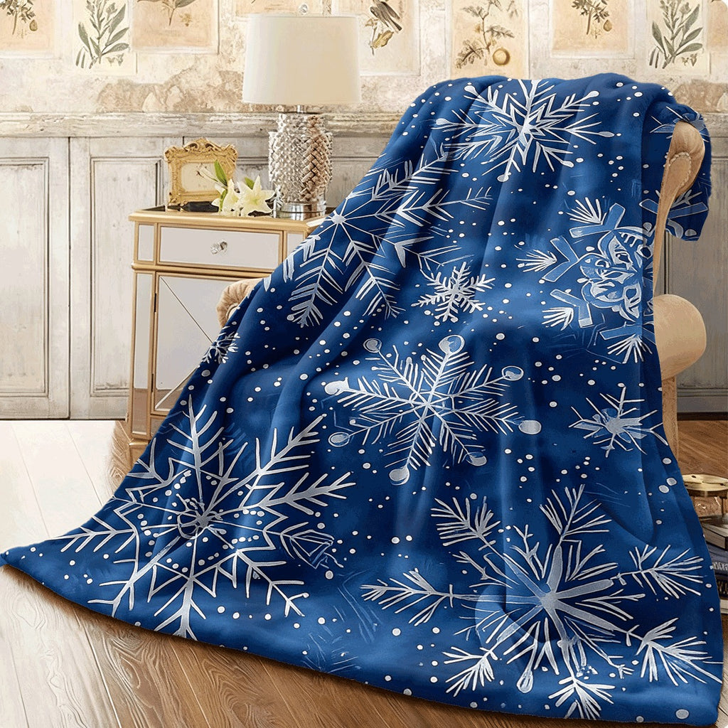 1pc Blue Snowflake Pattern Flannel Blanket Soft Warm All-Season Spread Thick Cozy Cover for Winter Sofa & Contemporary Blue & White Snowflake Design Durable Flannel Fabric Fits