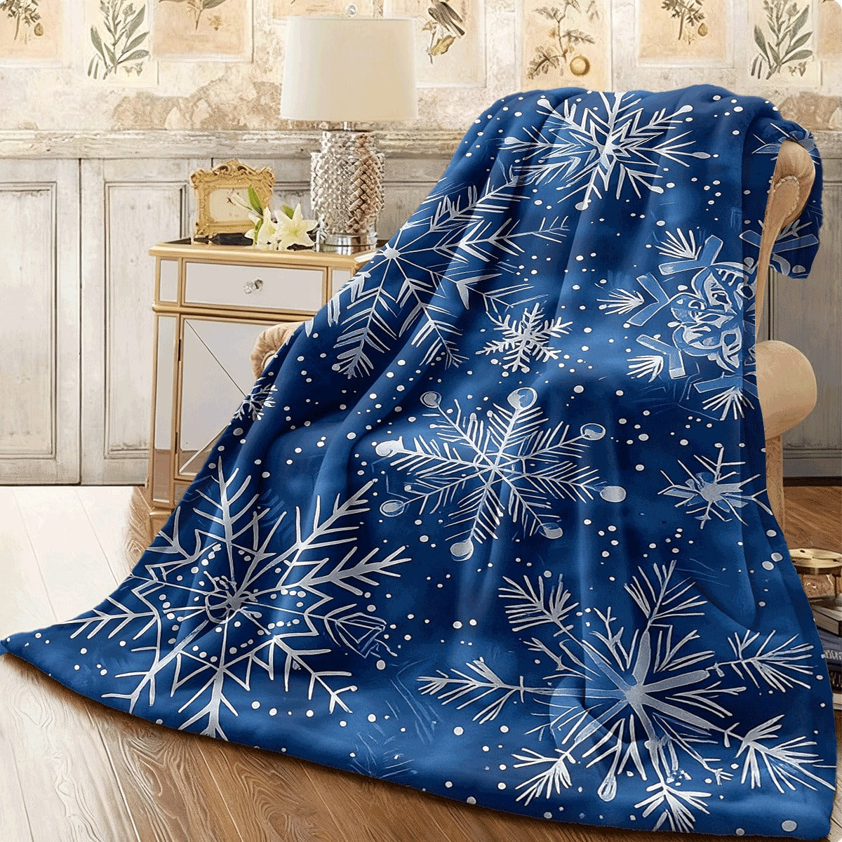 1pc Blue Snowflake Pattern Flannel Blanket Soft Warm All-Season Spread Thick Cozy Cover for Winter Sofa & Contemporary Blue & White Snowflake Design Durable Flannel Fabric Fits