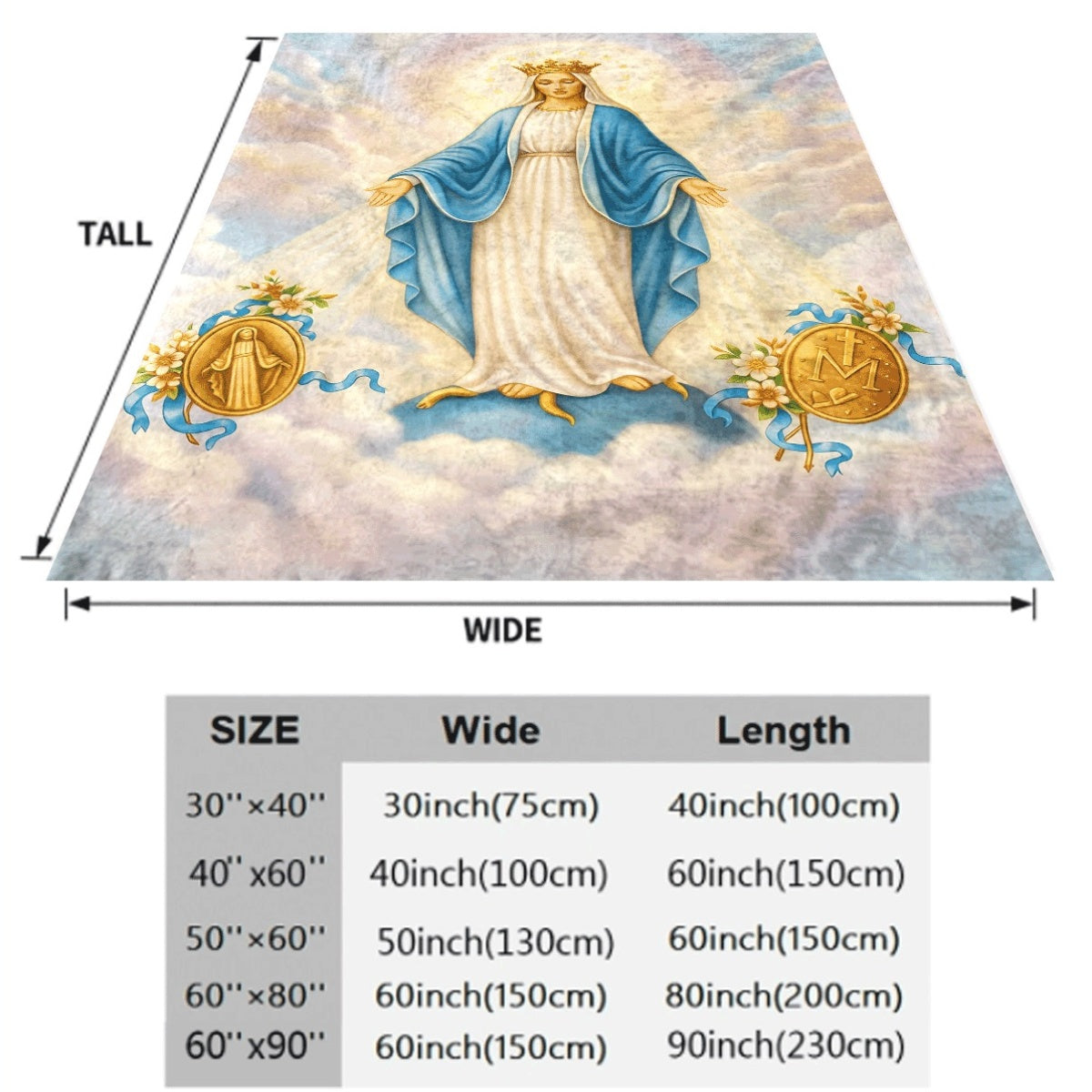 1pc Soft Cozy Virgin Mary Print Flannel Throw Blanket Reversible Virgin Mary Jesus Christ Religious Design with Golden Halo Floral Accents Heavyweight 250-300Gsm Office Travel Vintage