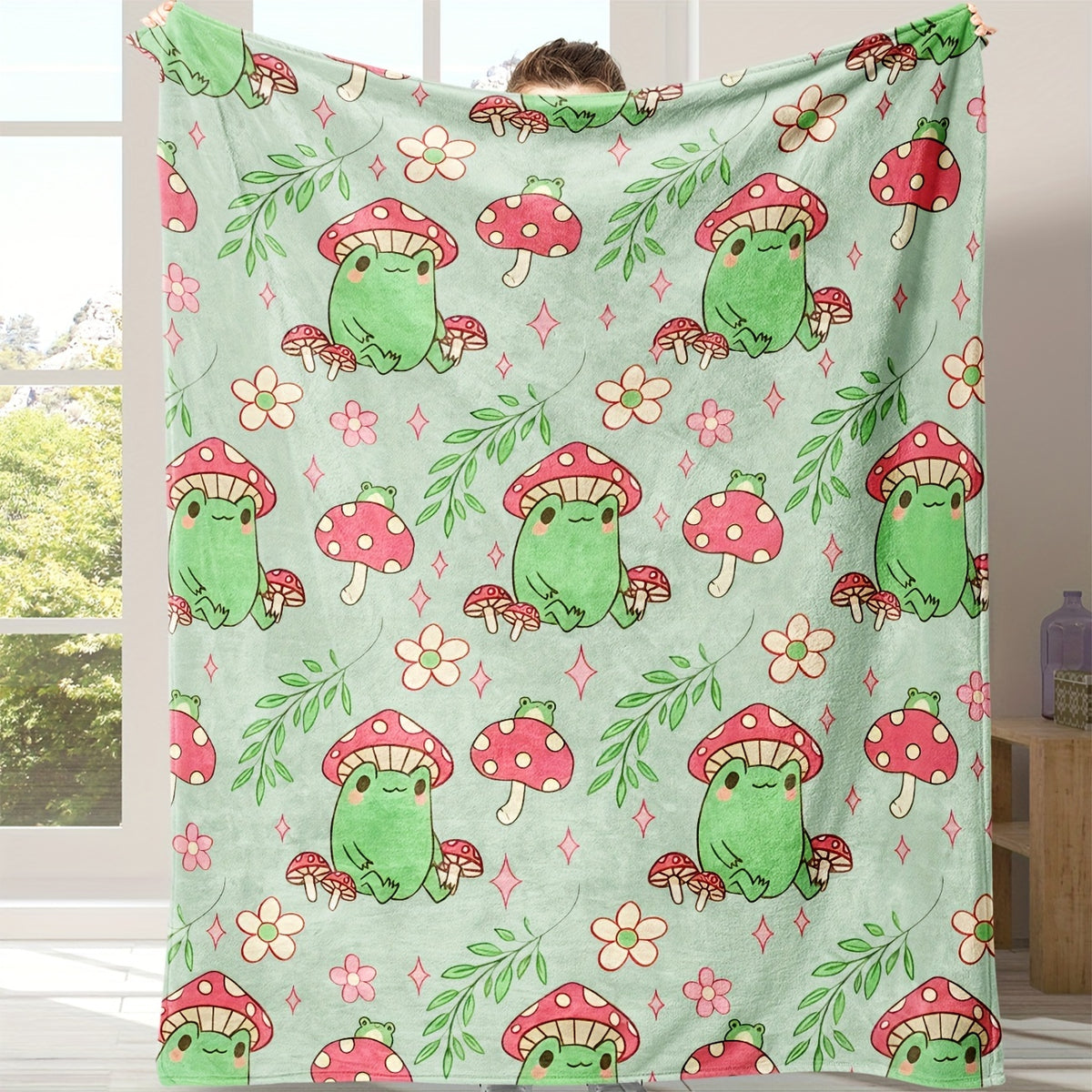 Soft & Cozy Frog & Mushroom Print Flannel Blanket Suitable for Naps, Office, Travel - Cute Frog & Mushroom, Soft Flannel, Compact Portable Cover, Ideal Gift for &