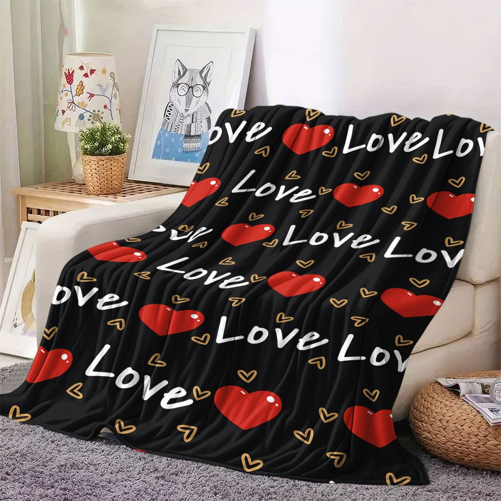 1pc Love Print Flannel Blanket | Soft Warm All-Season Quilted Throw with Red Hearts & Love Lettering, Plush Polyester Bedspread for Napping, Camping, Travel, Home Decor - Ideal Valentine'S Day Gift, Cozy Bedding, Romantic Theme