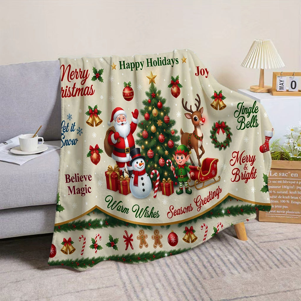 1pc, Santa Claus and Reindeer Themed Flannel Blanket, Soft, Comfortable, and Warm, Beige Holiday Design, Durable Plush Surface, All-Season Universal Sofa Blanket, Warm Throw Blanket, Multiple Sizes Available, Suitable for Living Room Sofas