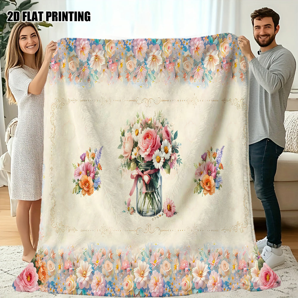 1pc Floral Vase Patterned Blanket, Retro Style Design, Soft Plush Surface, Flannel Material Lightweight And Durable, Multiple Sizes Available, Ideal for Holiday Gifts, Living Room Leisure, Bedroom Warmth, Study Reading, Seasonal Home Decor