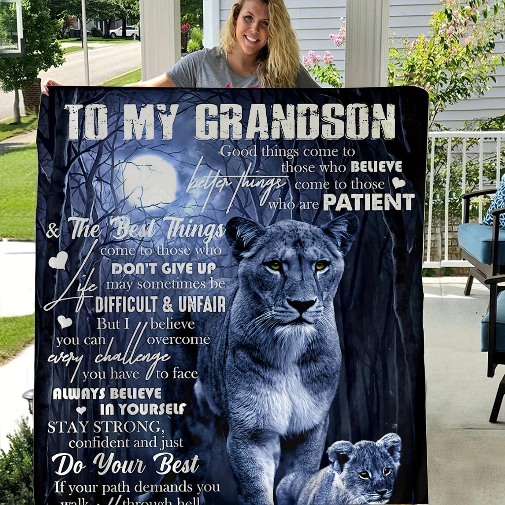 Vintage-Inspired Art Design Throw Blanket for Grandson - Soft, Allergy-Friendly Polyester, Perfect for Sofa, Bed, Travel, Picnic, and Office Use