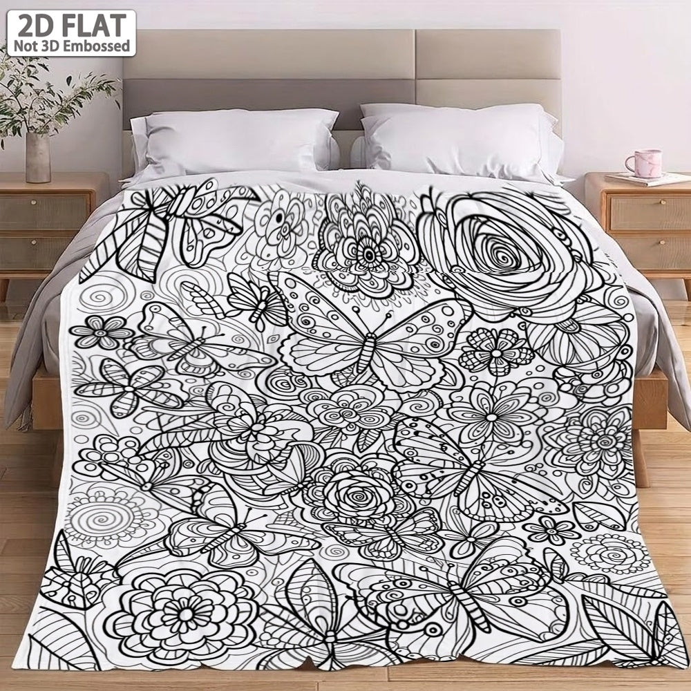 1pc Black And White Butterfly Floral Patterned Blanket, Artistic Style Design, Soft Plush Surface, Flannel Material Lightweight And Durable, Multiple Sizes Available, Ideal for Holiday Gatherings, Living Room Leisure, Bedroom Sleep, Study Reading