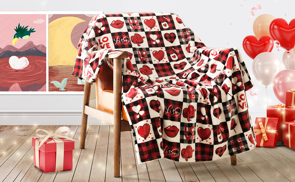 Valentine's Day Gift Blanket for Mom, Wife- Red Pattern Throw for Couch, Sofa or Bed- Decorative Plaid Luxury Flannel Lap Blanket- Super Cozy Comfy