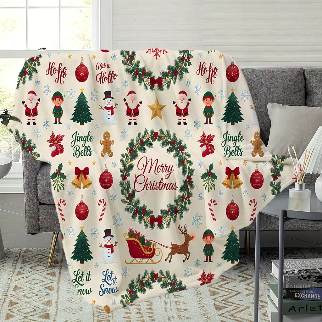 1pc, Santa Claus and Elf Christmas Tree Pattern Beige Flannel Blanket, Soft, Comfortable, and Warm, Festive Design, Durable Plush Surface, All-Season Universal Sofa Blanket, Warm Throw Blanket, Multiple Sizes Available, Suitable for Living Room
