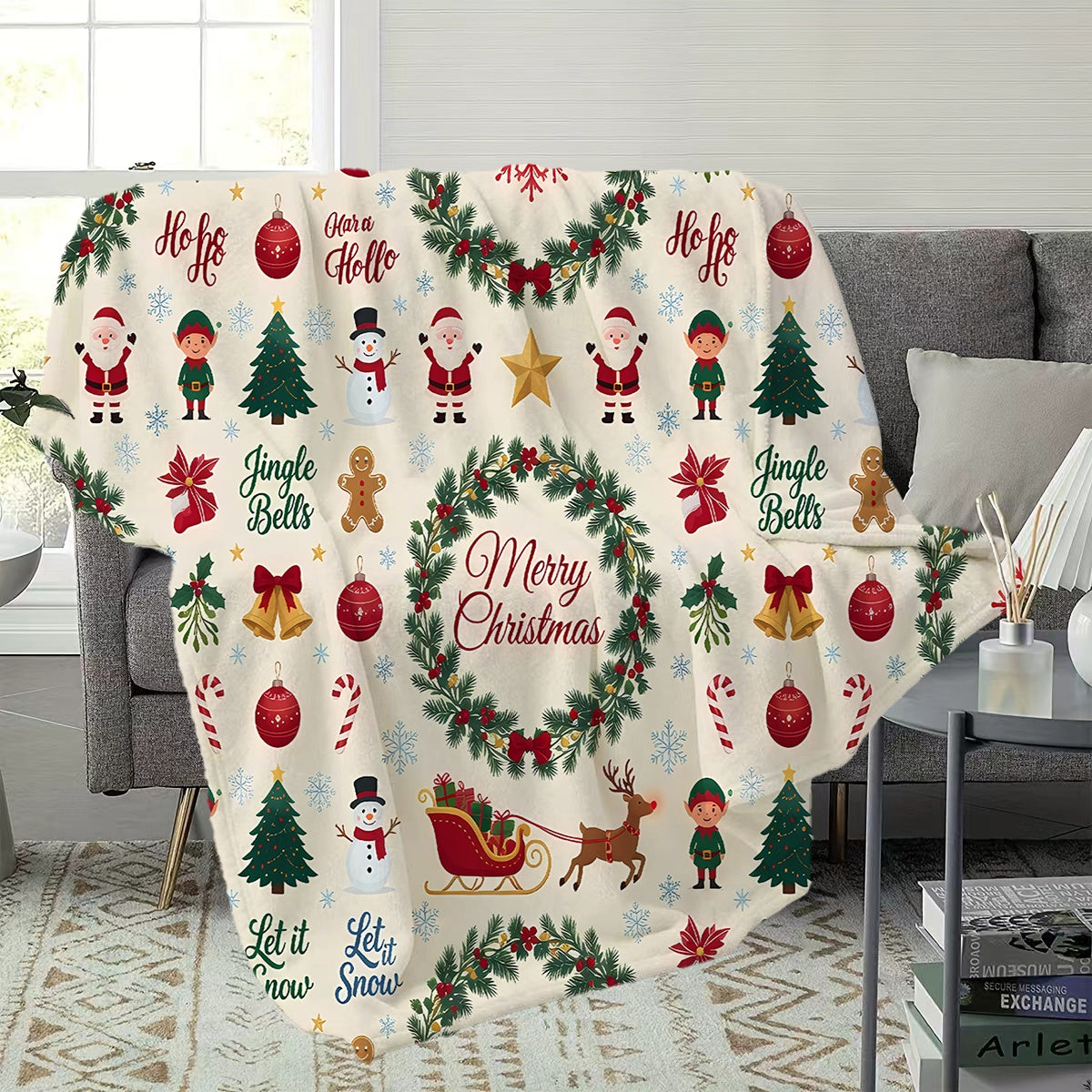 1pc, Santa Claus and Elf Christmas Tree Pattern Beige Flannel Blanket, Soft, Comfortable, and Warm, Festive Design, Durable Plush Surface, All-Season Universal Sofa Blanket, Warm Throw Blanket, Multiple Sizes Available, Suitable for Living Room