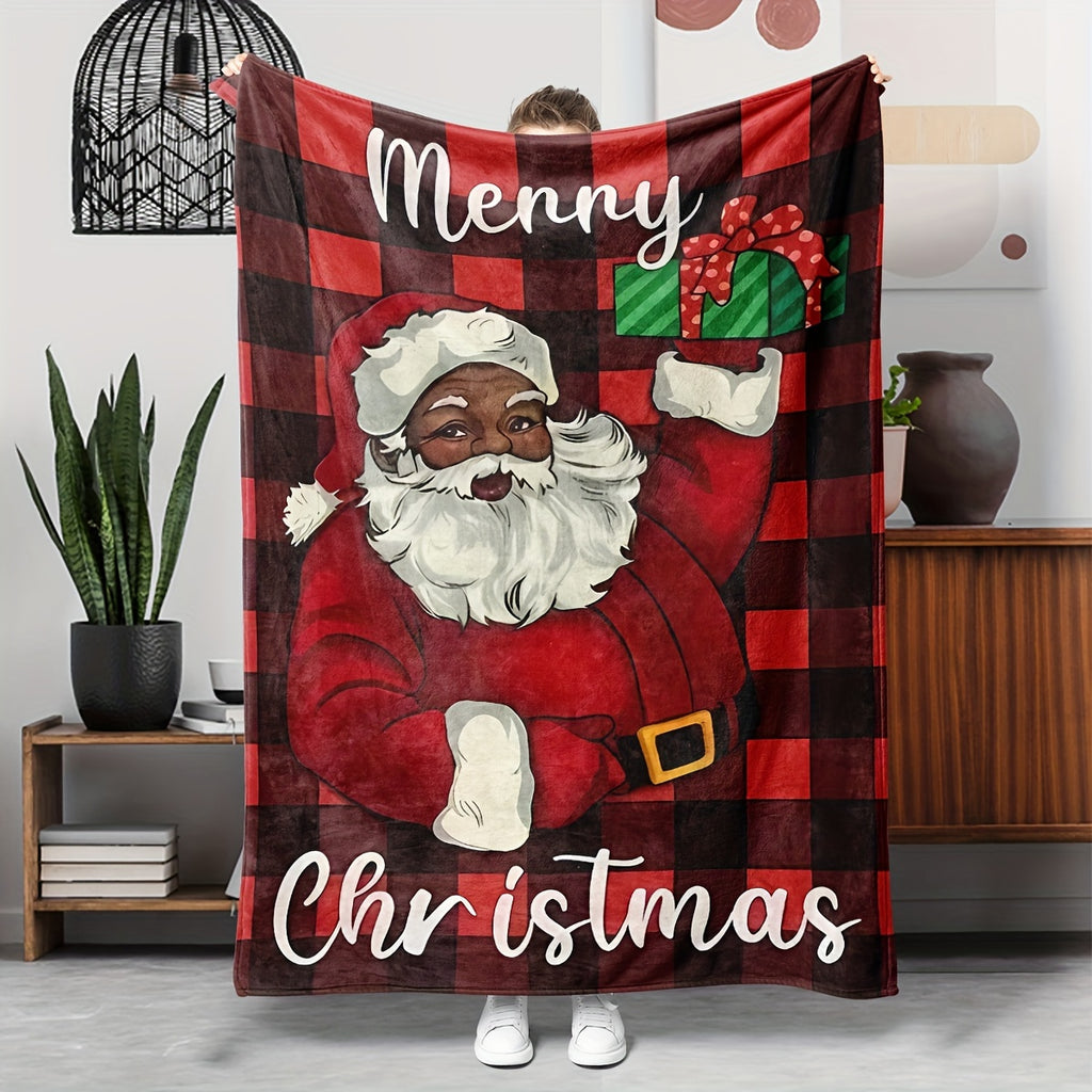 Warm And Comfortable Christmas Flannel Throw Blanket Featuring a Plaid Santa Design, Perfect for Your Couch,, Or Office. A Hypoallergenic Gift Suitable for All Seasons