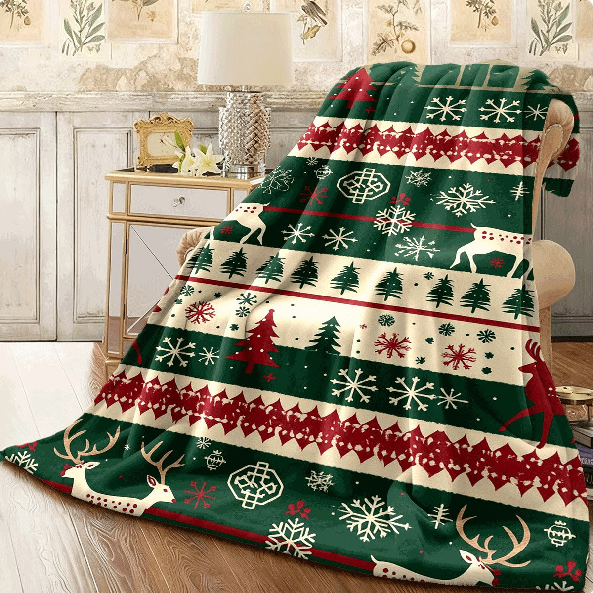 1pc Christmas Reindeer Theme Digital Print Flannel Blanket 100% Fiber, All-Season Light Warmth for Beds And Sofas, Festive Style to Spread Christmas Cheer, Soft Light Beige-Friendly Gift for Holidays