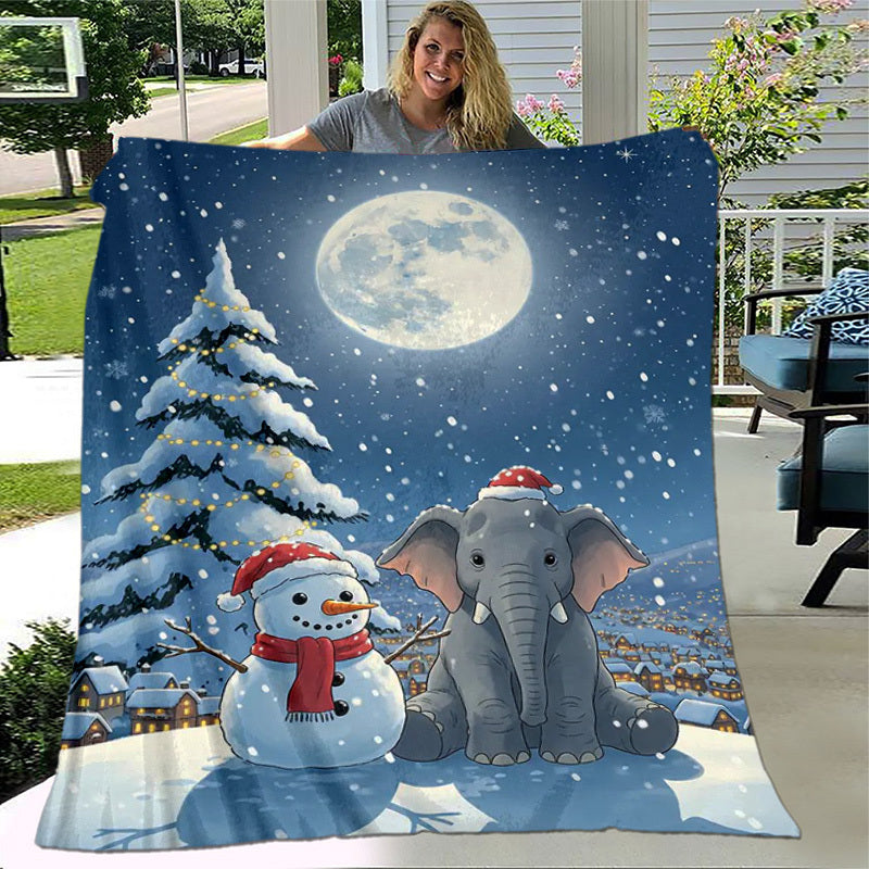 1pc 2D Printed Fleece Christmas Theme Blanket, Snow And Elephant Design - Soft, Warm, And Comfortable, Lightweight And Durable, Multiple Sizes Available, Ideal for Christmas, Outdoor Courtyard, Holiday Parties, Winter Leisure