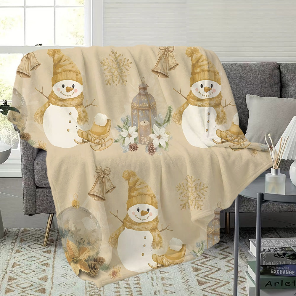 1pc Christmas Snowman And Bell Pattern Flannel Blanket, Soft Comfortable Warm, Beige Design, All-Season Blanket, Warm Cover, Multiple Sizes Available, Suitable for Living Room Sofa, Bedroom, Reading Area, Rest Area, And Leisure Area