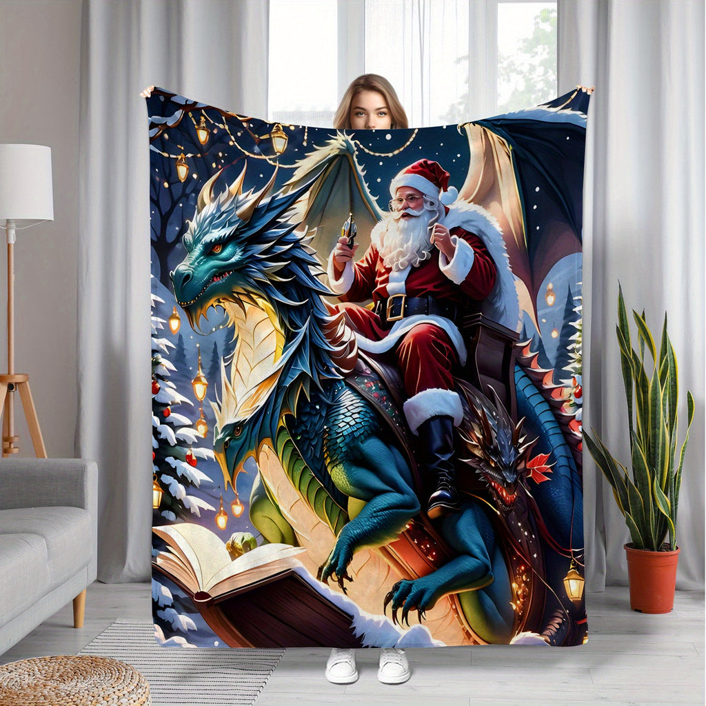 2D Flat Printing, 1pc Flannel Santa Claus Riding Dragon Printed Blanket, Fantasy Dragon And Santa Claus Design - Soft, Warm, And Comfortable, Lightweight And Durable, Multiple Sizes Available, Ideal for Christmas, Living Room Decor, Holiday Parties