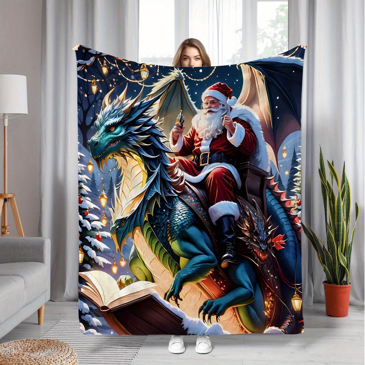 2D Flat Printing, 1pc Flannel Santa Claus Riding Dragon Printed Blanket, Fantasy Dragon And Santa Claus Design - Soft, Warm, And Comfortable, Lightweight And Durable, Multiple Sizes Available, Ideal for Christmas, Living Room Decor, Holiday Parties