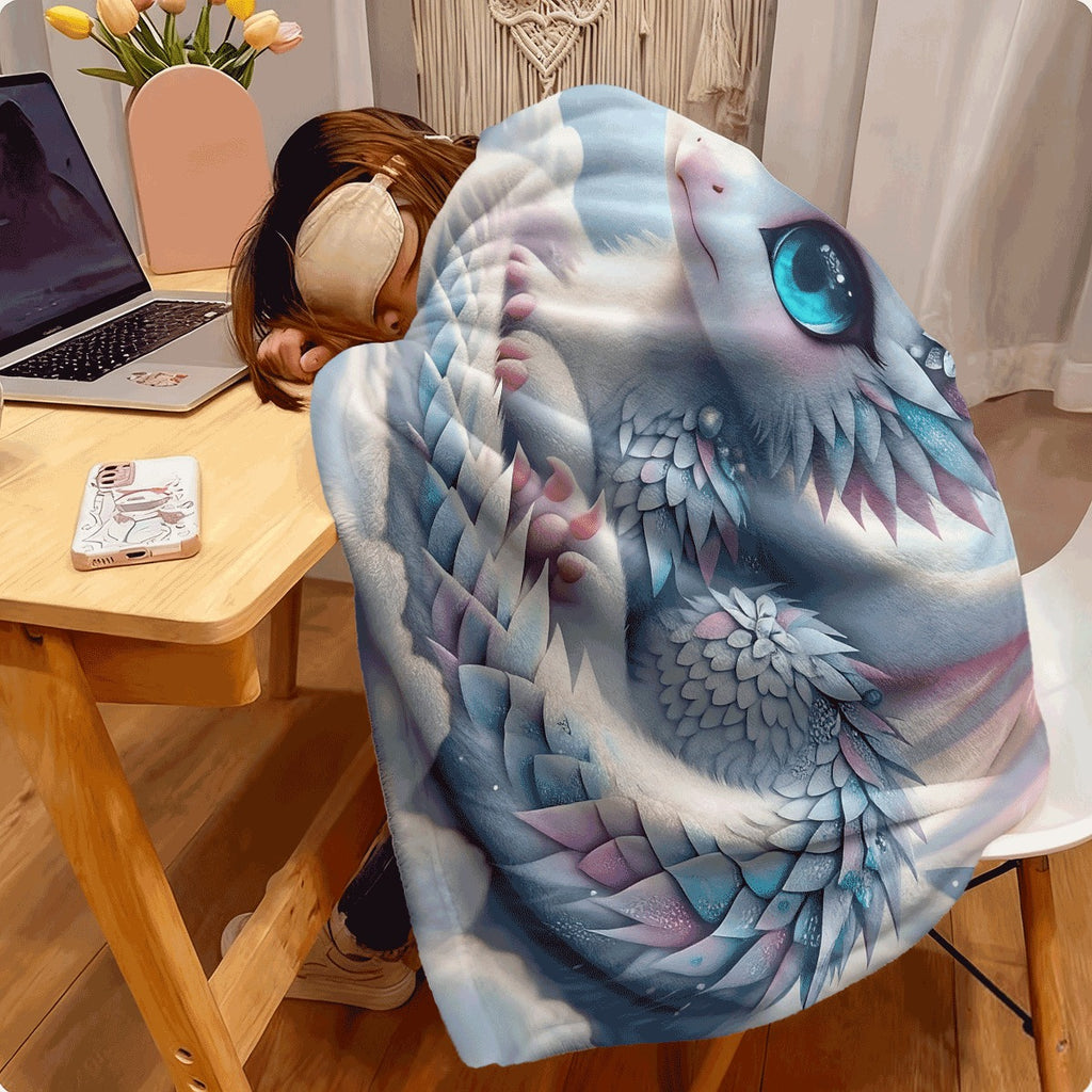 1pc Adorable White Dragon Print Flannel Blanket Soft & Warm All-Season Lightweight Spread Cute Blue-Eyed Dragon & Pastel Rainbow Design Contemporary Geometric Patterns Machine Washable Co