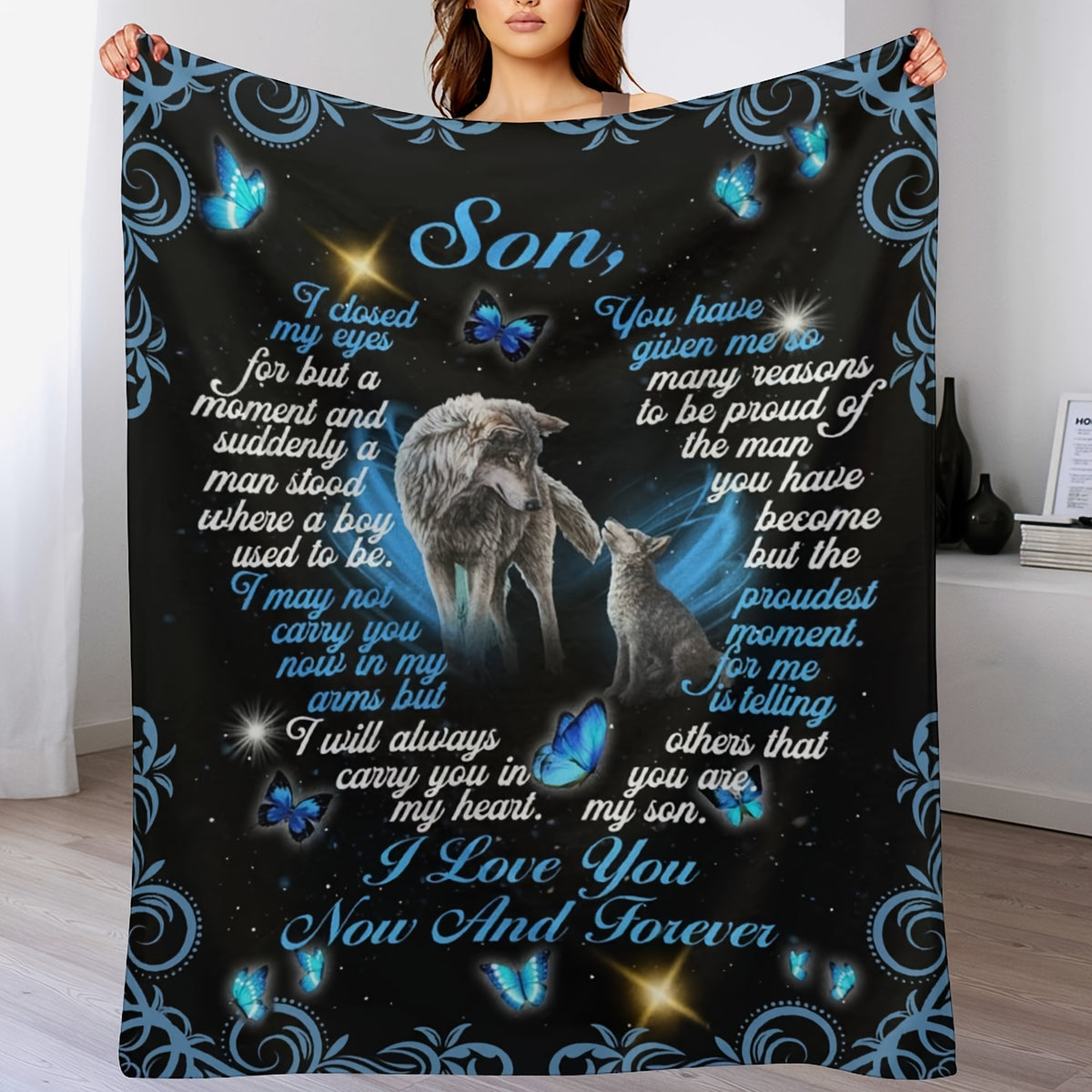 Comfortable Flannel Blanket Soft, Son, I Love You Now and Forever, Warm and Lightweight, Suitable for All Seasons, Perfect for Sofa, Bed, Travel, Camping, Etc., Ideal Holiday Gift for Christmas, Halloween, or Any Occasion, 1pc
